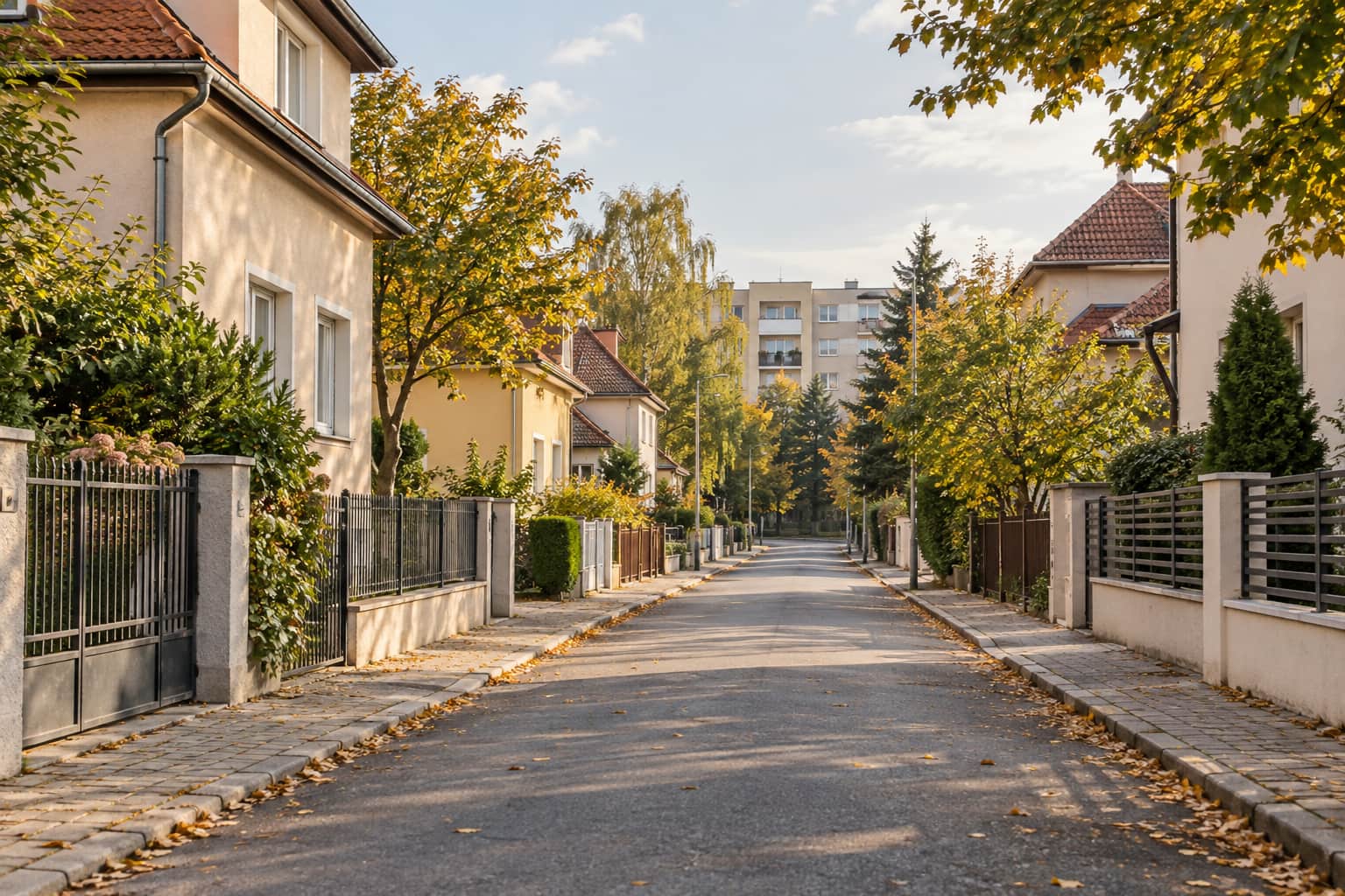 Stradă rezidențială cu case și verdeață în zona de intervenție