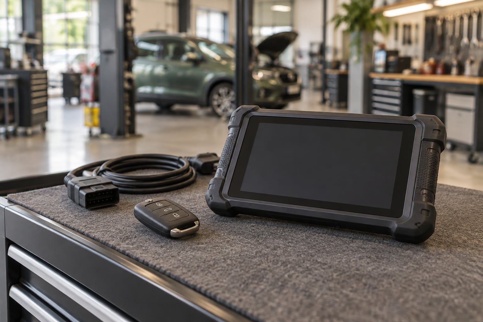 Cheie auto cu cip lângă un aparat de diagnostic